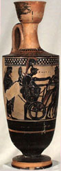 Typical Black-figure white-ground technique. Athenian lekythos. Ashmolean Museum 1934.247.Photo. Beazley Archive.