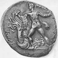 Herakles attacking Hydra. Cretan coin. <i>Obv. c.</i> 352 BC. Paris