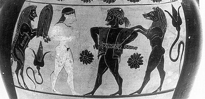 Detail from a pseudo-Chalciolian black-figure clay vase about 530 BC. Vulci. Antiquarium del Castello dell'Abbadia. Photo. Soprintendenza Archeologica dell'Etruria Meridionale, Rome 149040