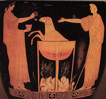 Medea and Pelias. Detail from Athenian red-figure clay vase, about 470 BC. London, British Museum E163.