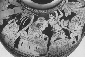 Neoptolemos attacking Priam at an altar. Priam holds his dead grandson on his lap. Detail from Athenian red-figure clay vase, about 500-450 BC. Naples. Museo Archeologico Nazionale H2422