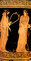 The poets Sappho and Alcaeus with lyres. Detail from Athenian red-figure clay vase, about 480 BC. Munich Antikensammlungen J753.
