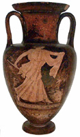 Death of Orpheus, Thracian woman with axe. Detail from Athenian red-figure neck-amphora c. 500-450 BC. Ashmolean Museum 1966.500. Photo. Beazley Archive, Ian Hiley