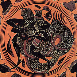 Triton and Herakles wrestling. Detail from Athenian black-figure cup. Tarquinia, Museo Nazionale RC 4194