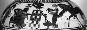 Ambush. Detail from Athenian black-figure clay vase, about 575-525 BC. New York. Metropolitan Museum of Art 45.11.2. Rogers Fund 1945. Photo. Mus. 11.33397 LS B