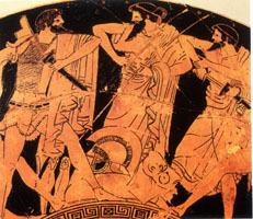 Agamemnon intervening between the quarelling Ajax and Odysseus. Detail from an Athenian red-figure clay vase, c.5th century BC. Vienna, Kunsthistorisches Museum