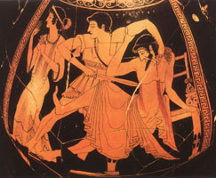 The murder of Aigisthos by Orestes. Detail from Athenian red-figure clay vase, late archaic period. Vienna, Kunsthistorisches Museum