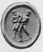 Herakles wrestles Antaios off the ground. Gem impression, Berlin collection 8236