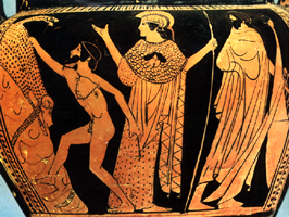 'Jason takes the Fleece'. Detail from Athenian red-figure clay vase, about 470-460 BC. New York. Metropolitan Museum of Art 34.11.7