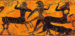 Theseus and centaurs. Detail from an Athenian black-figure clay vase, about 600-550 BC. Florence, Museo Archeologico Etrusco 4209
