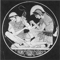 Achilles tends Patrokles. Detail from Athenian red-figure clay vase, about 500 BC from Vulci. Berlin, Antikensammlung, F2278