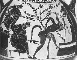 Detail from Athenian black-figure clay vase, about 550-500 BC. New York. Metropoliton Museum of Art 49.11.1. Rogers Fund 1911. Photo. Mus. 144769 pl. B