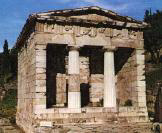 View from the south of the Athenian Treasury at Delphi.
