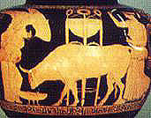 Apollo on a winged tripod. Detail from an Attic red-figure clay vase, about 440-430 BC. Munich, Antikensammlungen 2412.